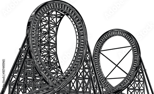 Roller coaster silhouette with vertical loops, amusement park ride, metal structure, vector sketch, engineering layout, flat cad drawing illustration