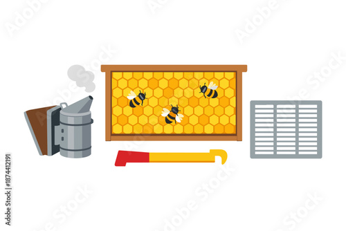 Beekeeping equipment set with honeycomb and bees in flat design