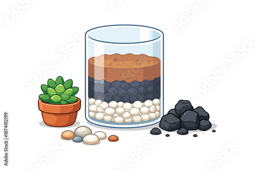 Layered terrarium with soil and stones in a glass cylinder with potted succulent