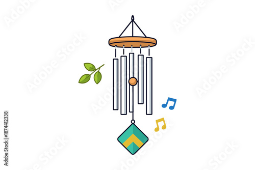 Contemporary wind chime design with music notes and leaf motif