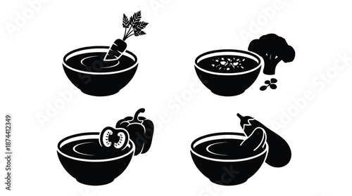 Vegetable soup bowl collection set with fresh ingredients vector illustration
