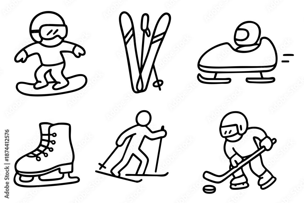 custom made wallpaper toronto digitalWinter sports icon set with skiing snowboarding skating and equipment in simple outline doodle style i