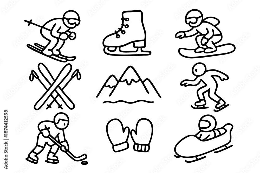 custom made wallpaper toronto digitalWinter sports icon set with skiing snowboarding skating and equipment in simple outline doodle style i