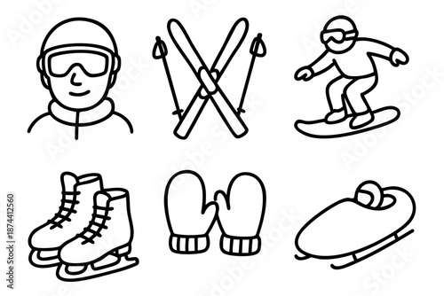 Winter sports icon set with skiing snowboarding skating and equipment in simple outline doodle style i