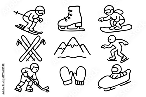 Winter sports icon set with skiing snowboarding skating and equipment in simple outline doodle style i