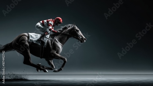 dynamic side view of a single racehorse with jockey mid-gallop on clean racetrack, no dust or motion blur
