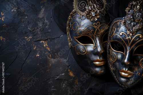 Elegant Dark Venetian Mask with Gold Details on Textured Background