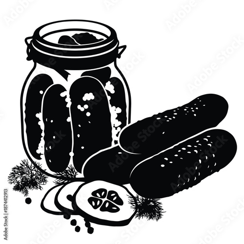 Jar of pickled cucumbers with fresh whole and sliced gherkins and dill herbs