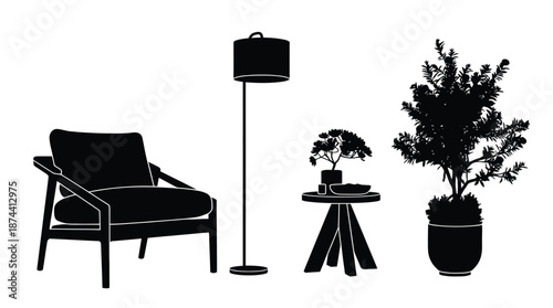 Modern living room furniture silhouettes including chair lamp and potted plants.