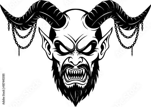 Krampus Head Vector Illustration with Chains and Fangs