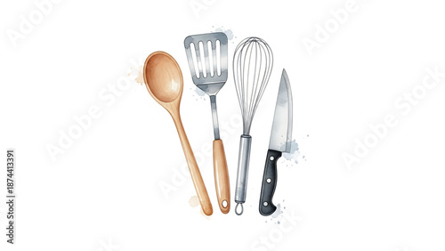 Assorted kitchen utensils including spoon, fork, whisk, and knife arranged on a plain white background