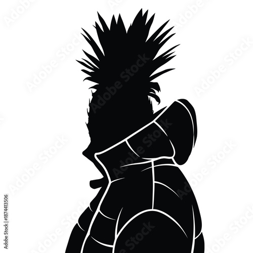 Silhouette of person with spiky hair and jacket on white, fashion style
