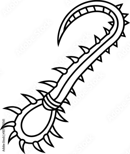 medieval spiked club weapon with curved handle and sharp thorns for combat and defense