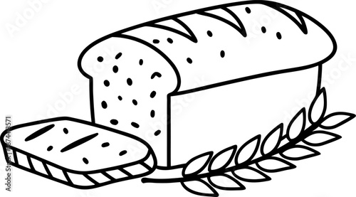 loaf of bread with a sliced piece and wheat stalks outline drawing