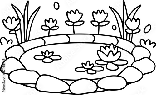 Small garden pond with blooming water lilies and surrounding rocks and plants