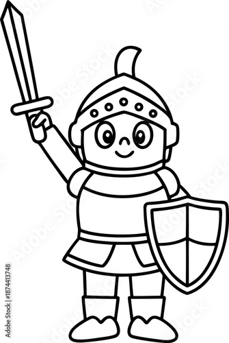 Cute knight holding sword and shield smiling, medieval armor warrior character line drawing