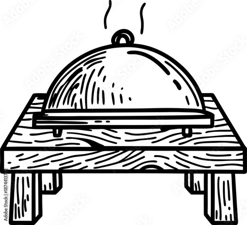 Cloche on wooden table with steam rising, serving dome for hot food presentation