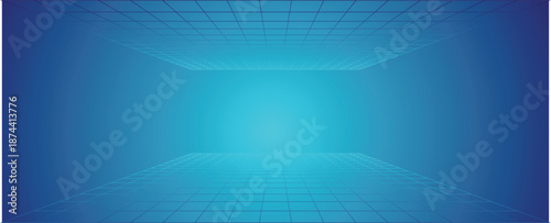 Blue light line grid over under one point center perspective dark background retro. Abstract Dark Surface with light effect vector illustration. 