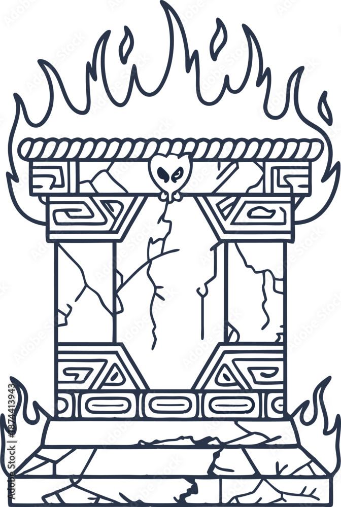 Fototapeta premium Ancient stone gateway with cracks and flames, mystical portal with decorative patterns and skull detail