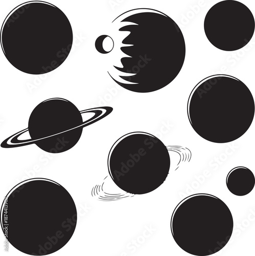 black planets and moons in space with rings and craters