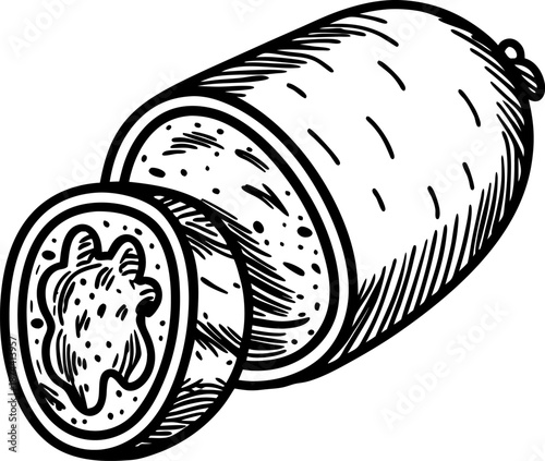 Sliced salami with textured casing and visible fat marbling, hand drawn illustration