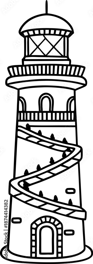 Obraz premium lighthouse with spiral staircase black and white illustration coastal navigation tower design