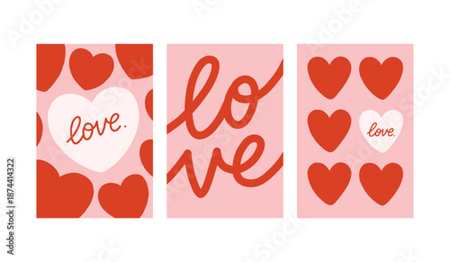 Vector set of romantic cards with decorative hearts and handwritten love quotes. Cute Valentine designs in soft pink and red, perfect for greeting cards, prints, and gifts.