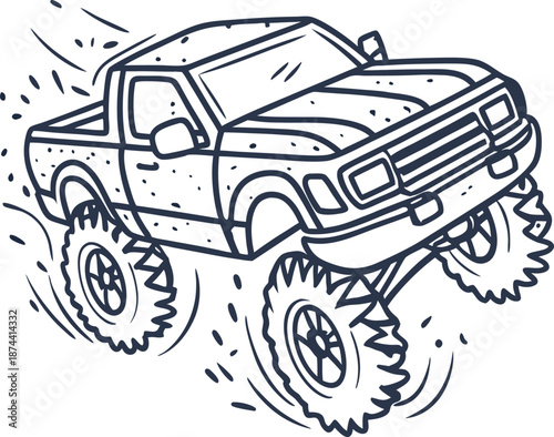 Monster truck jumping with big off road tires and aggressive suspension sketch illustration