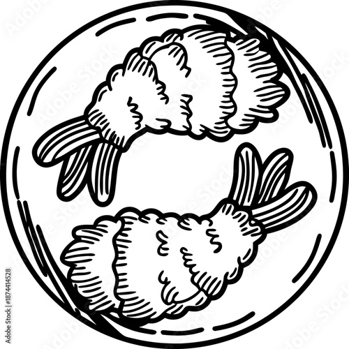 Two tempura shrimp on a round plate illustration, japanese fried seafood cuisine