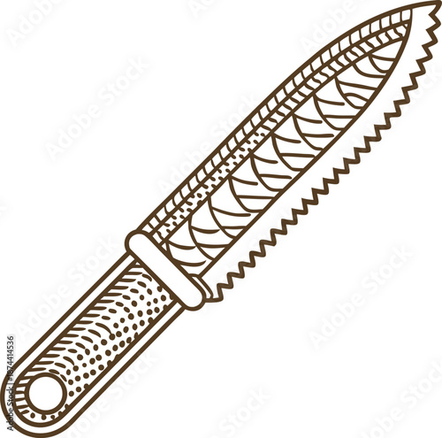 Intricate vintage handsaw illustration with detailed handle and serrated blade design