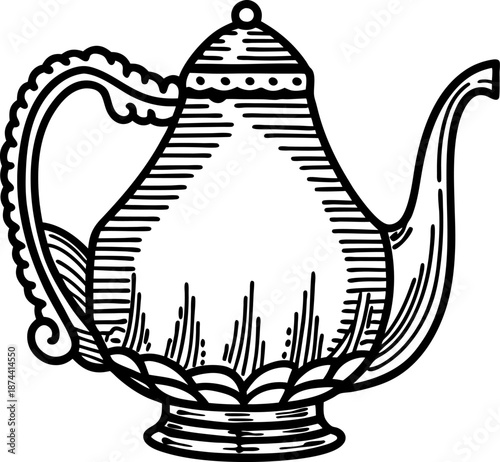 vintage teapot with ornate handle and spout detailed illustration design