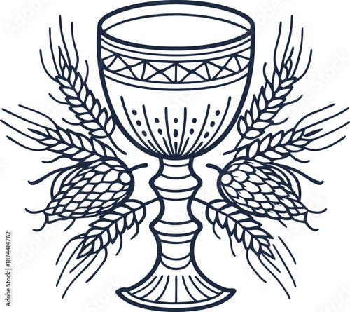 Decorative chalice with wheat and hops branches emblem for brewing and celebration