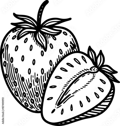 hand drawn illustration of a whole strawberry and half strawberry with detailed seeds and leaves