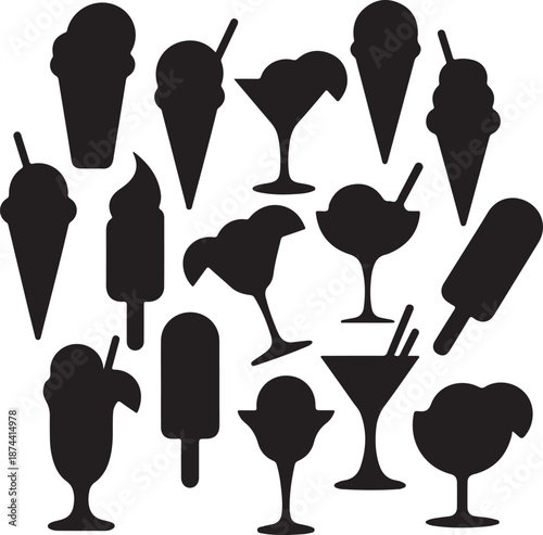 black silhouettes of ice cream cones and frozen drinks on white background