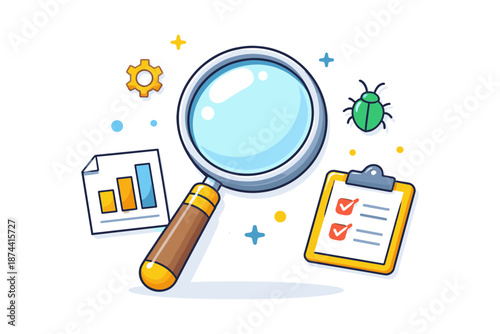 Magnifying glass with gear, chart, bug, and checklist in cartoon style