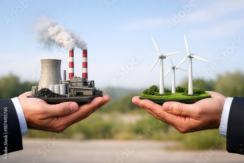 Energy Transition Concept with Fossil Fuel Plant and Wind Turbines in Human Hands
