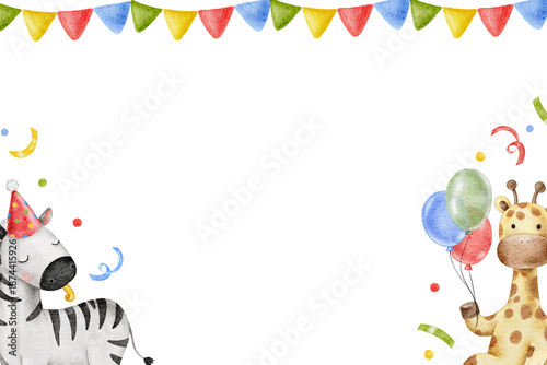 Canvas Print Watercolor cute hand drawn horizontal frame for Birthday decor, celebrating safari animals zebra and giraffe, confetti, party vibe