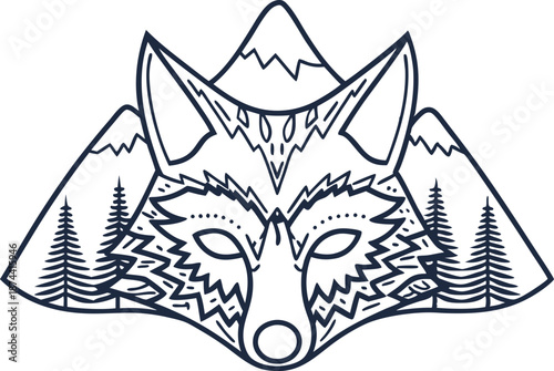 Decorative wolf head illustration with mountain and pine trees background in line art