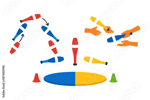 Juggling club dynamics and techniques in vibrant flat design