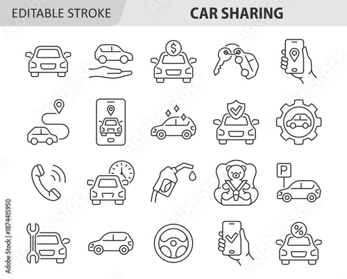 Car sharing service line icon set. Auto rent vector collection with smartphone, parking, application, payment, transport, discount, cleaning, refueling, baby car seat, repair, steering wheel. Editable