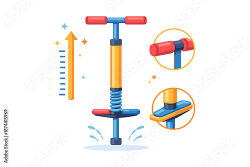 Colorful pogo stick with bounce details and measurement arrow on white background