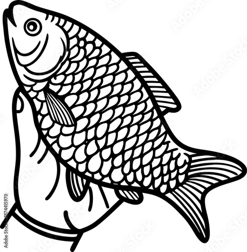 Hand holding a detailed fish with scales and fins, black and white line art illustration