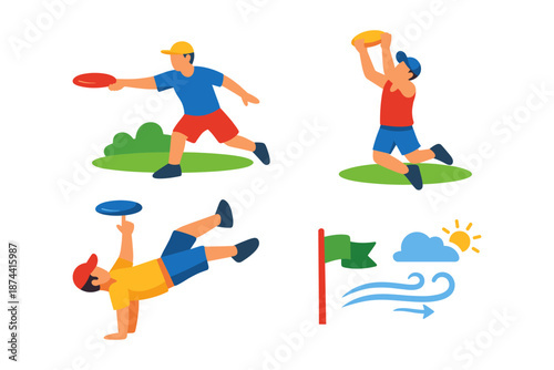 Colorful flat design of people playing ultimate frisbee in outdoor scenes