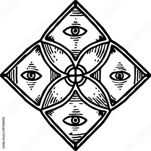Geometric mystical symbol with eyes arranged in diamond shapes and floral pattern lines