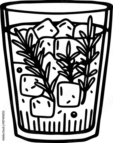 Glass with ice cubes and rosemary sprigs, refreshing herbal drink illustration
