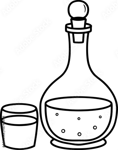 glass decanter bottle with stopper and filled glass cup, beverage container simple outline