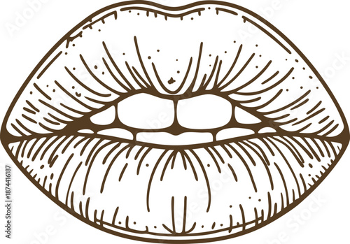 lips biting lower lip sketch, close up of sensual mouth line art drawing, beauty and emotion concept