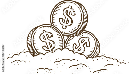 Dollar coins buried in sand concept, hand drawn sketch of money savings and financial growth