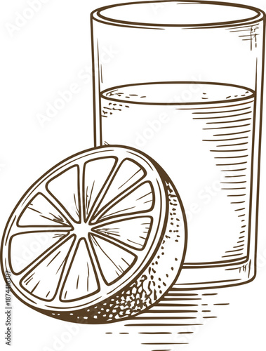 Glass of fresh citrus juice with half lemon slice illustration, healthy drink concept
