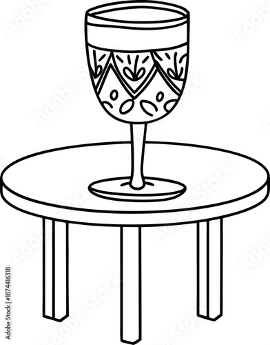 Decorative wine glass on round table with ornate patterns line art drawing